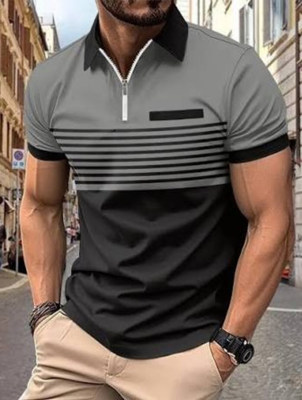 Short sleeves Men Quarter Zip Polo Shirt